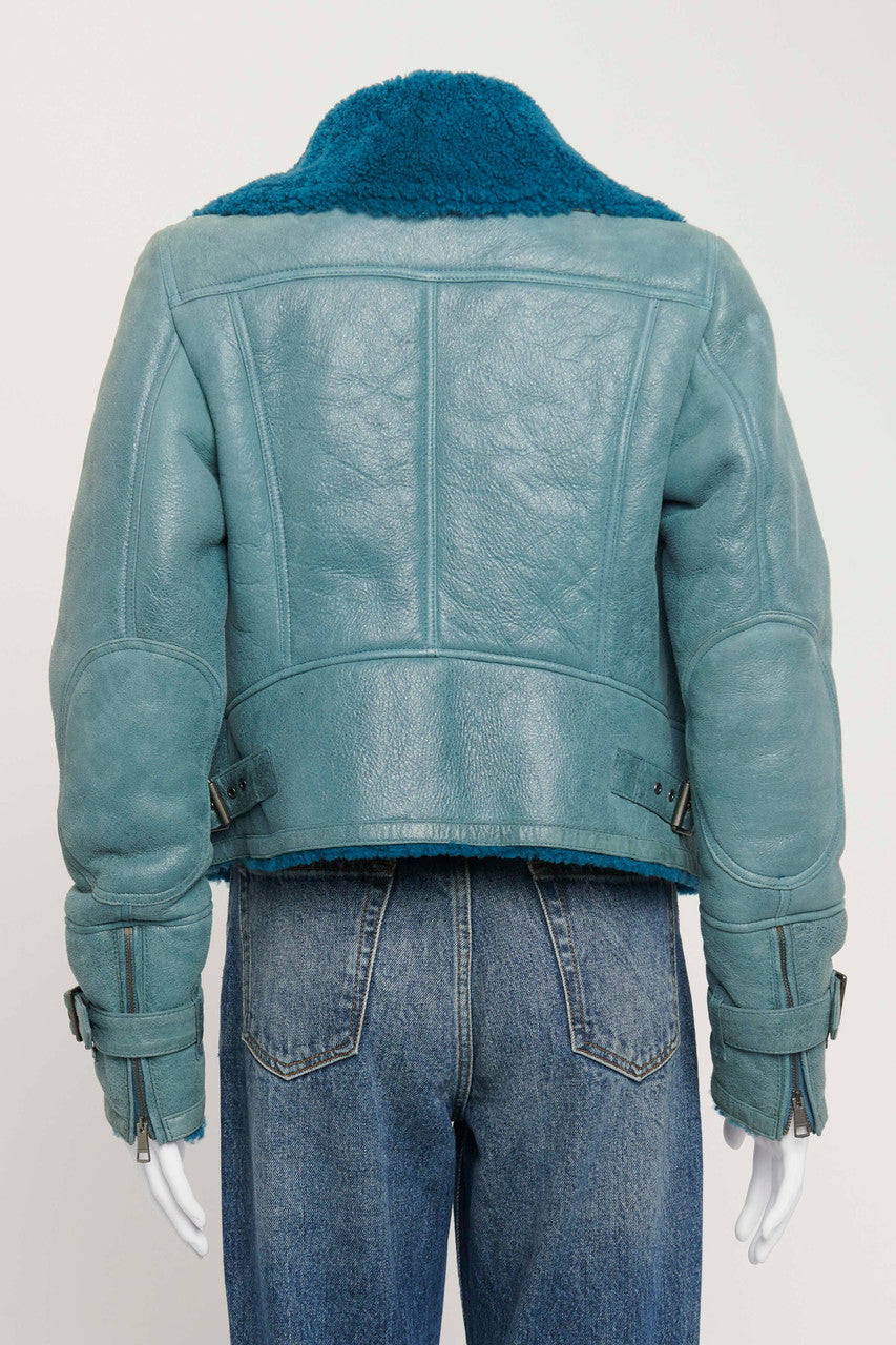 Blue Shearling Biker Jacket