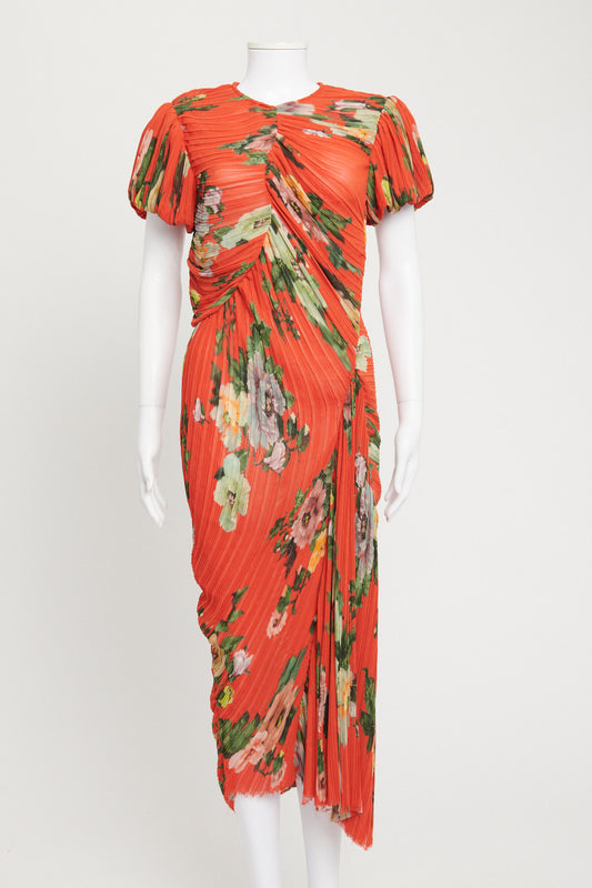 Orange Plisse Midi Dress