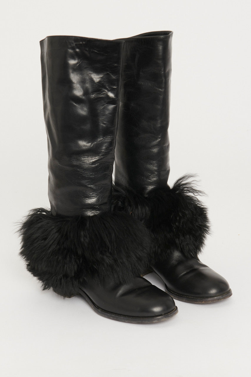Black Leather Preowned Riding Boots With Shearling Cuff