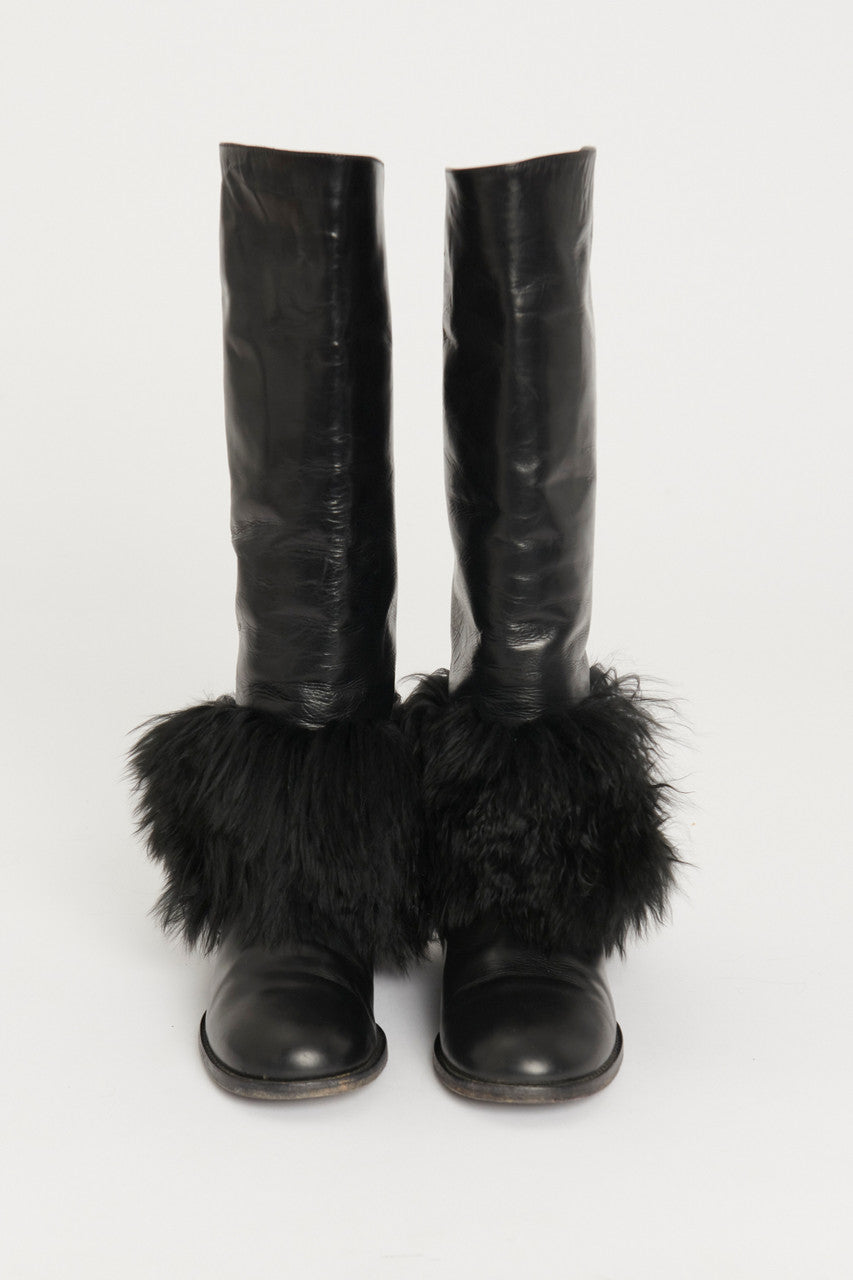 Black Leather Preowned Riding Boots With Shearling Cuff