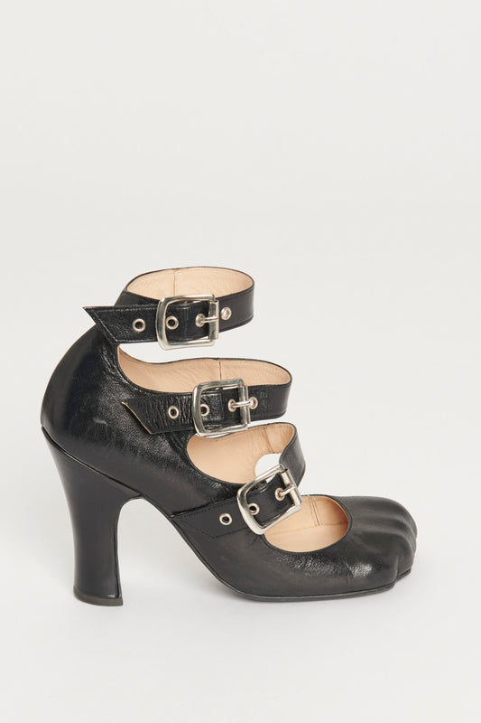 Black Leather Animal Toe Three Strap Preowned Heels