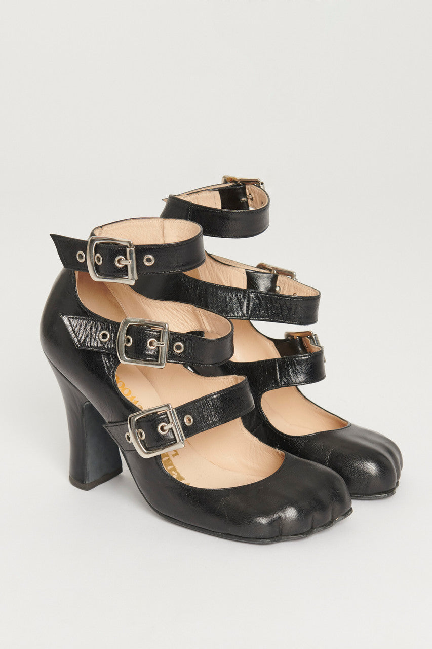 Black Leather Animal Toe Three Strap Preowned Heels – Reluxe Fashion