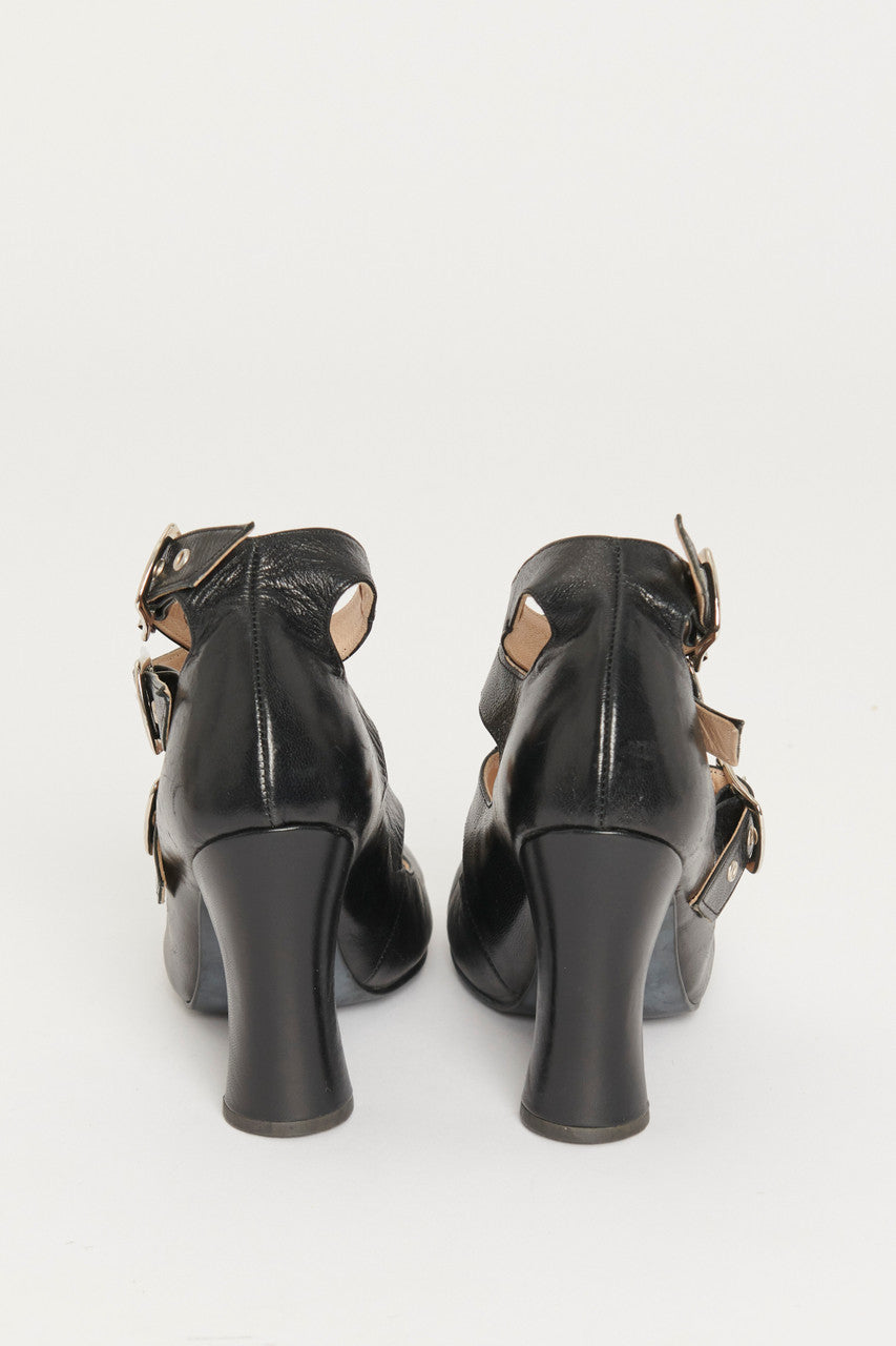 Black Leather Animal Toe Three Strap Preowned Heels