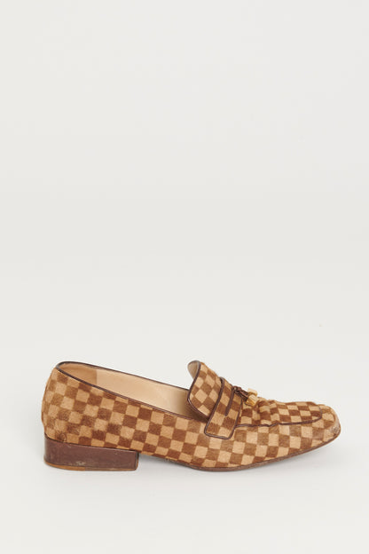 Brown Damier Print Calf Hair Preowned Loafers