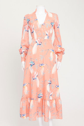 Coral Bird Print Illaria Crepe Dress