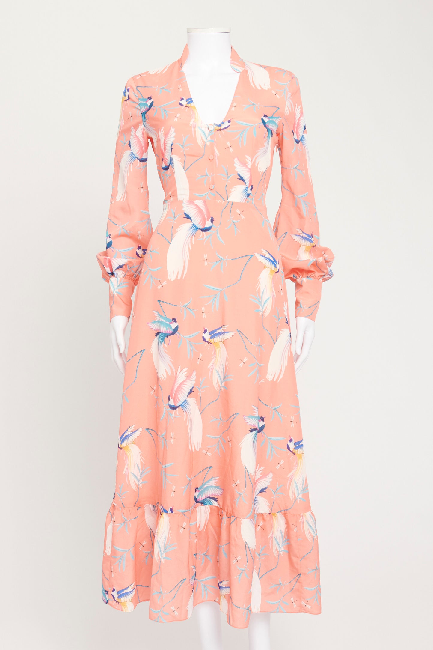 Coral Bird Print Illaria Crepe Dress