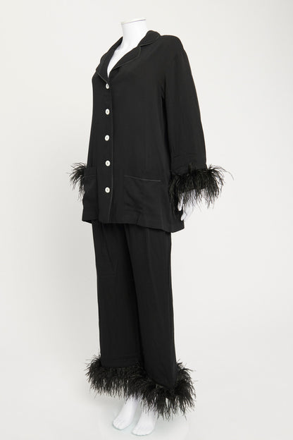 Black Pyjama Set with Ostrich Feathers
