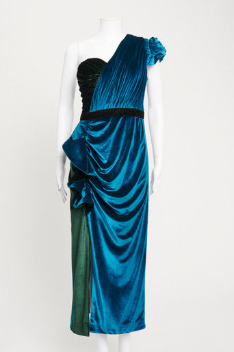 Teal and Green Velvet One Shoulder Midi Dress