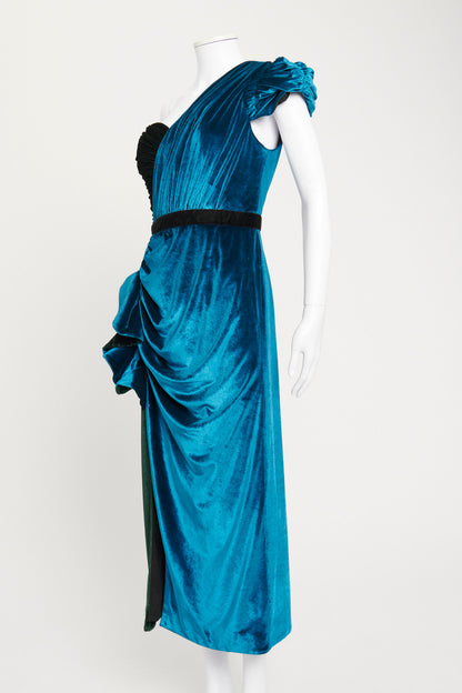 Teal and Green Velvet One Shoulder Midi Dress