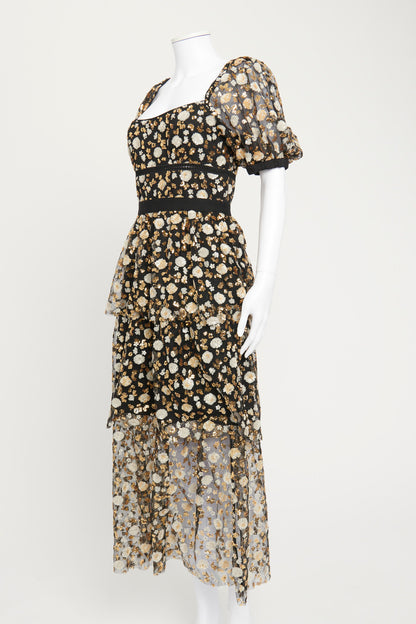 Black Mesh Gown with Floral Gold Sequin Embellishment