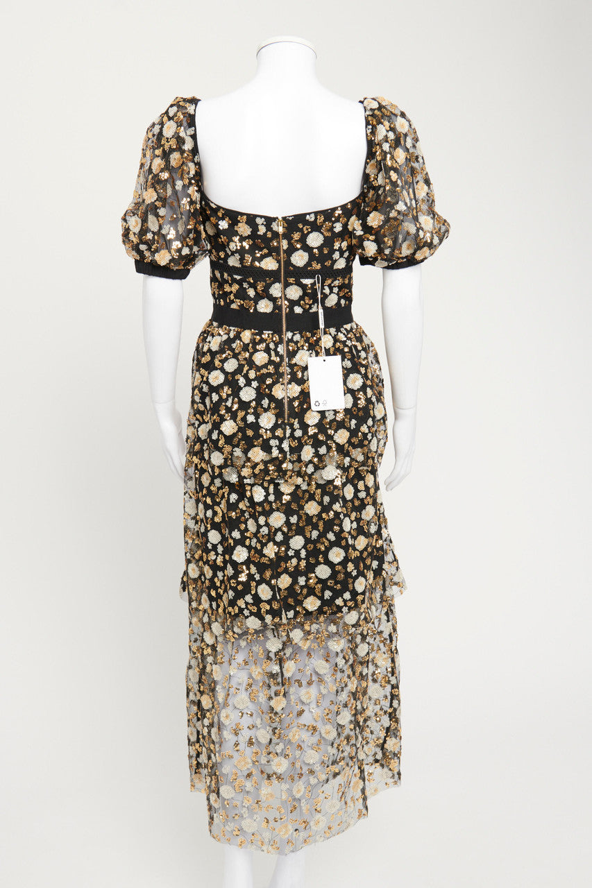 Black Mesh Gown with Floral Gold Sequin Embellishment