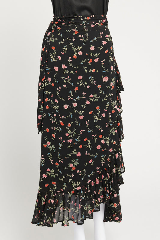 Black Floral Print Georgette Wrap Midi Skirt