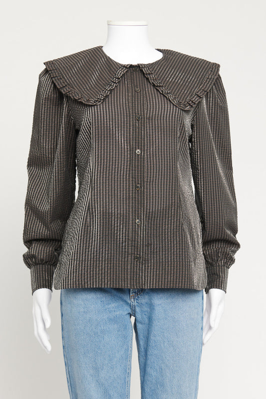 Black and Metallic Striped Blouse with Ruffled Collar