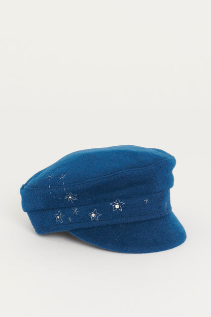 Blue Wool Moon and Stars Embroidered Preowned Baker Boy Cap