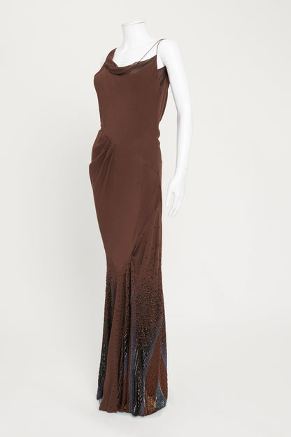 By John Galliano Brown Silk Bias Cut Beaded Gown