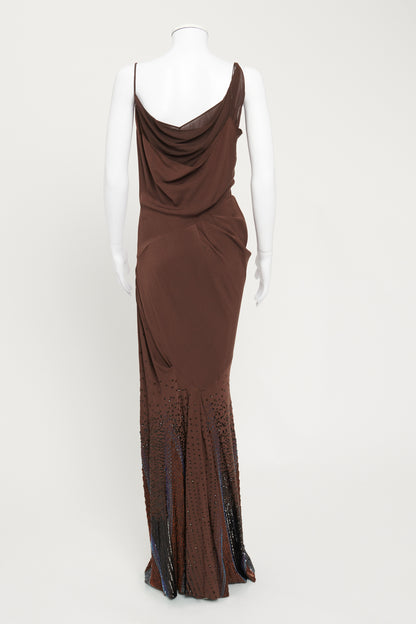 By John Galliano Brown Silk Bias Cut Beaded Gown