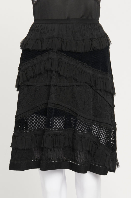 Black Knit Knee Length Skirt With Lace Panels