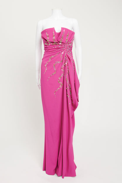 Pink Strapless Embellished Wool Gown