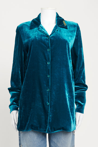 Teal Blue 'Never Rest' Embroidered Velvet Shirt