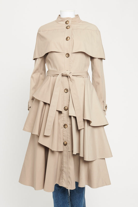 Tan Preowned Trench Coat with Tiered Ruffles