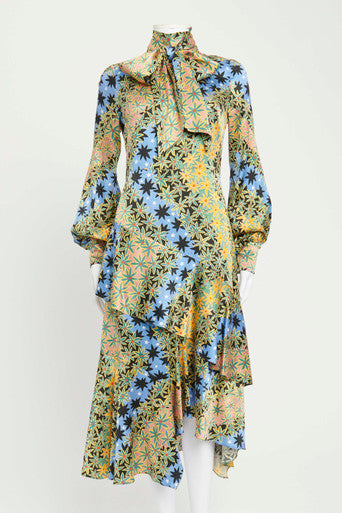 Green and Blue Floral High Neck Silk Printed Dress