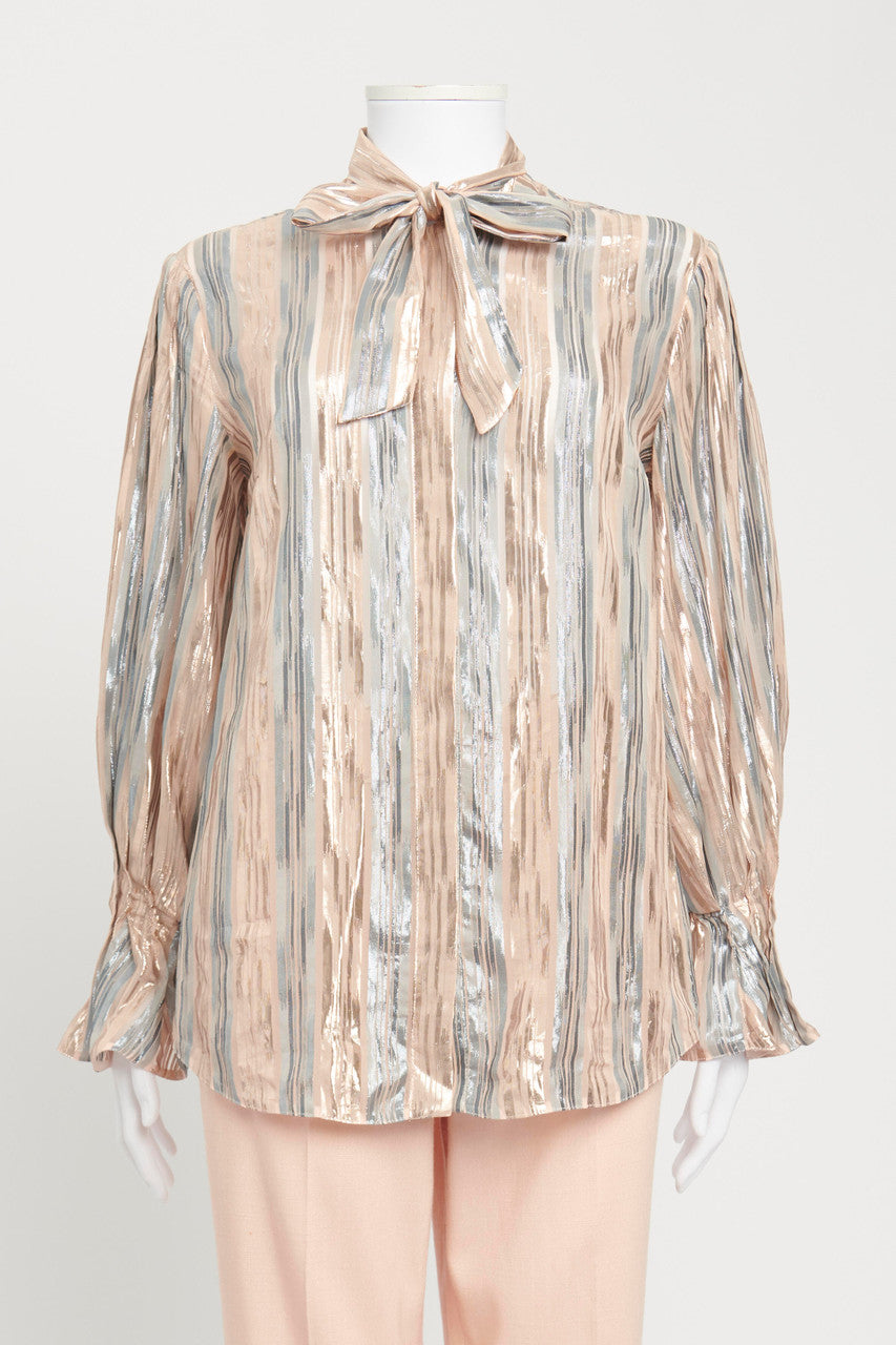 Pale Pink and Blue Metallic Striped Blouse