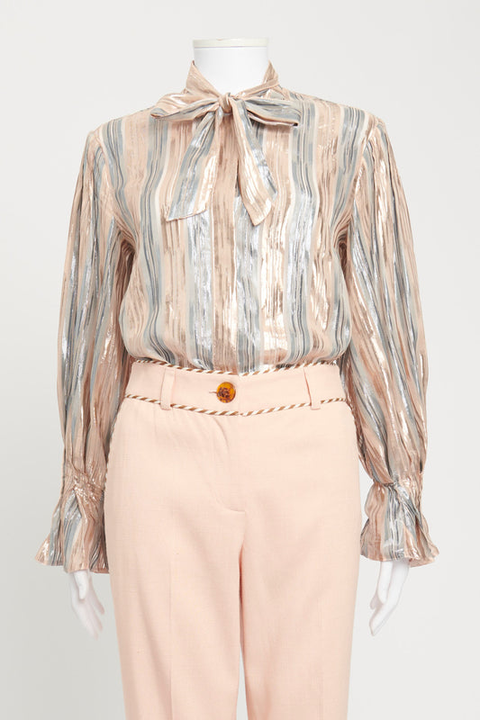 Pale Pink and Blue Metallic Striped Blouse