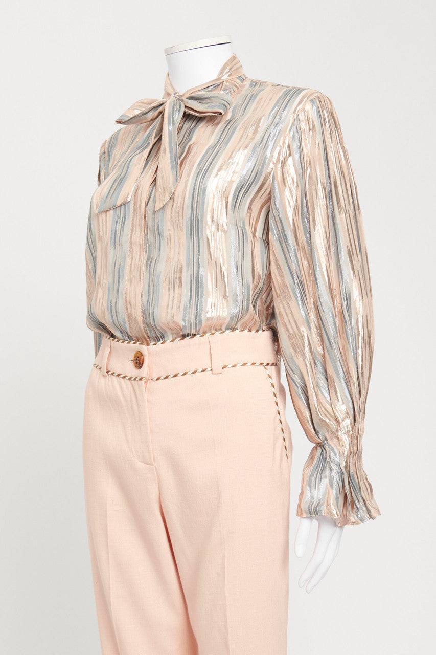 Pale Pink and Blue Metallic Striped Blouse