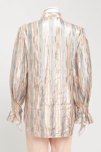 Pale Pink and Blue Metallic Striped Blouse