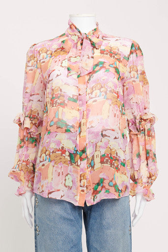 Multi Colour Silk Floral Print Preowned Blouse with Bow Tie Collar