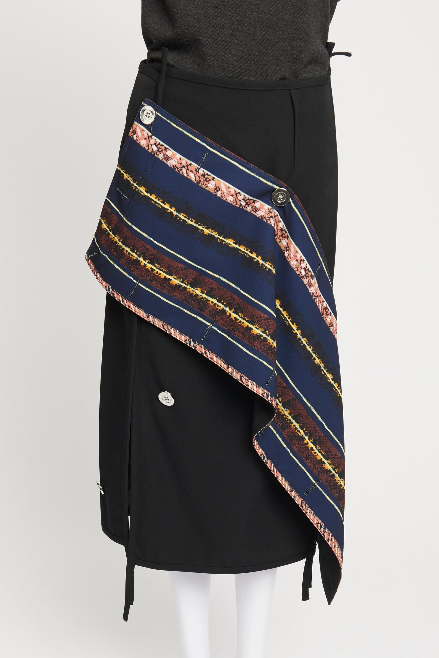 Black Wool Wrap Around Midi Skirt with Detachable Fabric