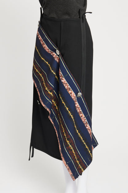 Black Wool Wrap Around Midi Skirt with Detachable Fabric