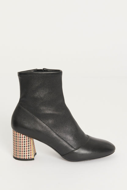 Black Leather Ankle Boots with Houndstooth Heel