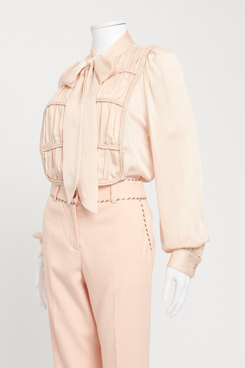 Pale Pink Silk Blouse with Woven Trimmed Bib