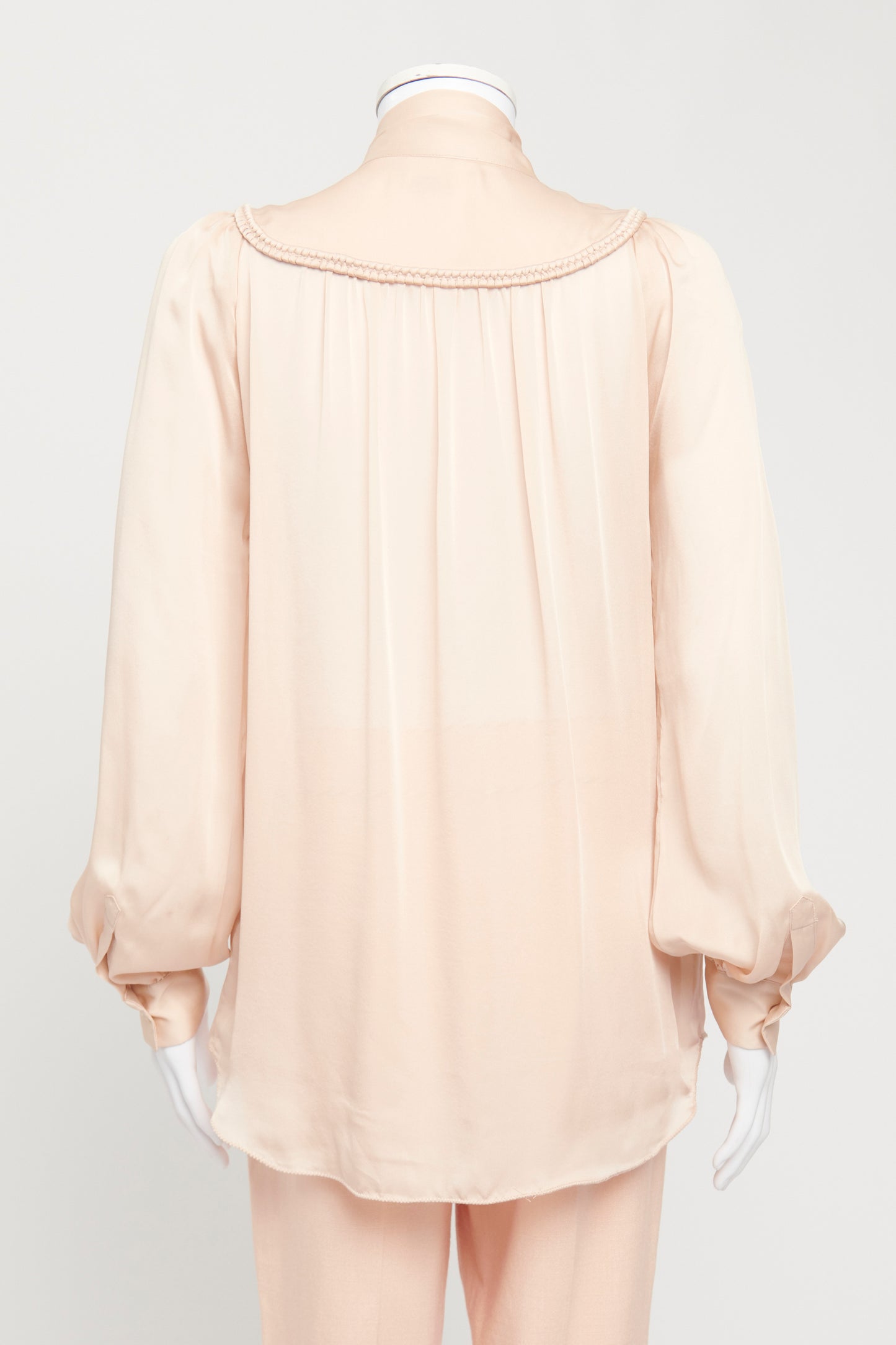 Pale Pink Silk Blouse with Woven Trimmed Bib