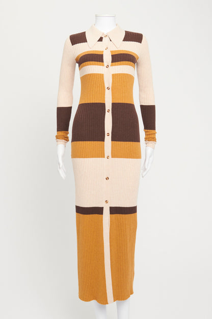 Camel Carol Striped Rib-knit Midi Dress