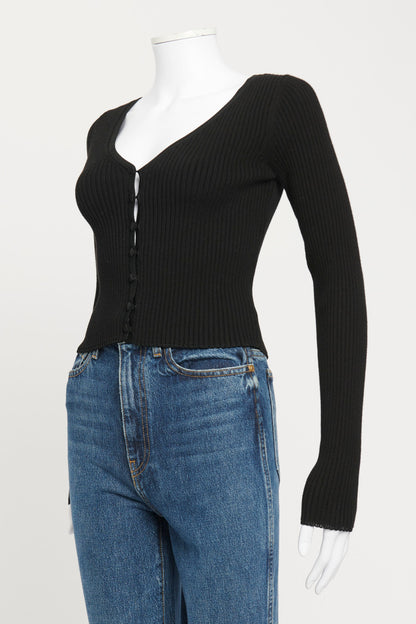 Black Ribbed Knit Cropped Preowned Button Up Top