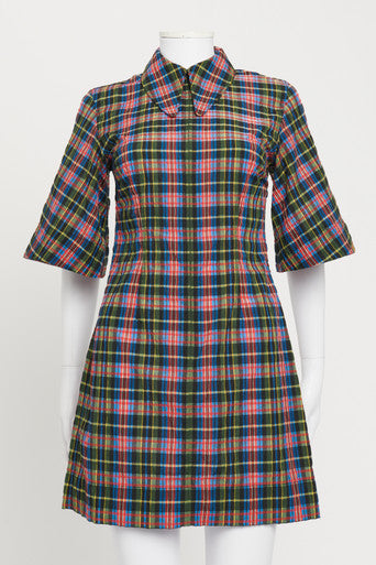 Multi Plaid Organic Cotton-Blend Seersucker Preowned Shirt Dress
