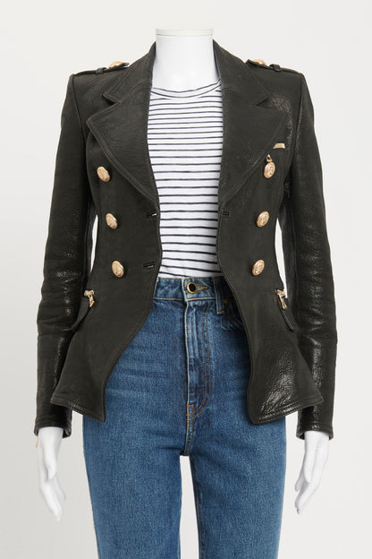 Black Leather Preowned Blazer With Gold Buttons And Zips