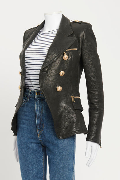 Black Leather Preowned Blazer With Gold Buttons And Zips