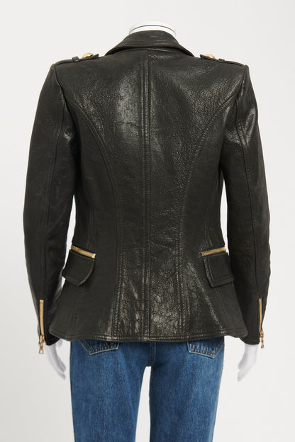 Black Leather Preowned Blazer With Gold Buttons And Zips