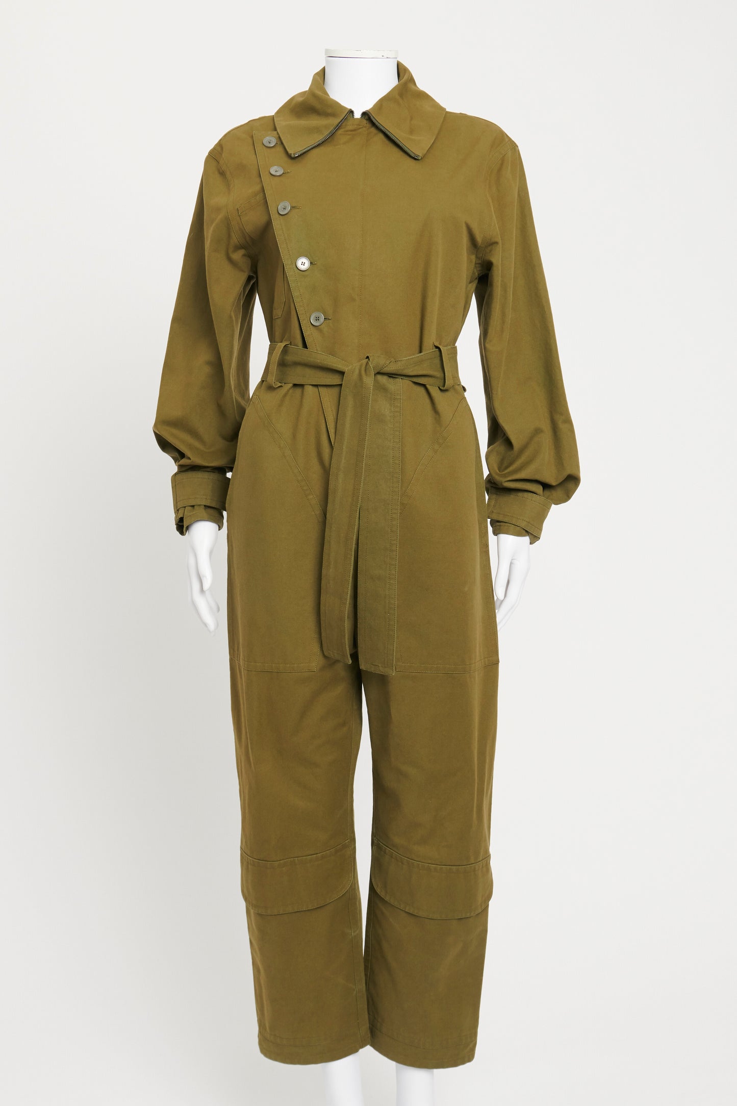 Khaki Cotton Canvas Preowned Belted Jumpsuit