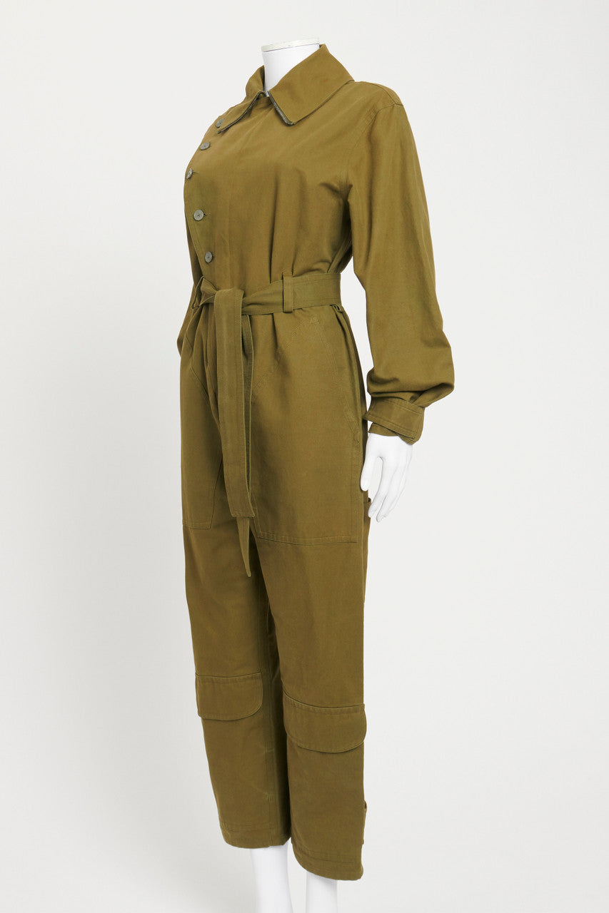 Khaki Cotton Canvas Preowned Belted Jumpsuit