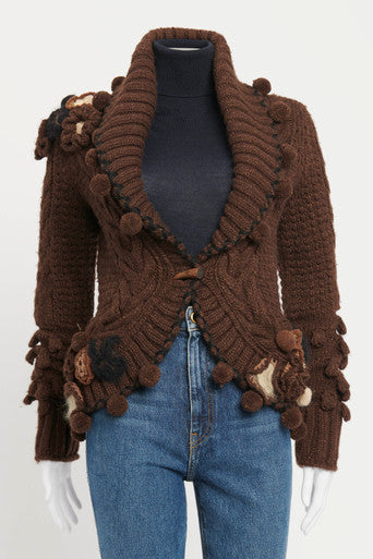 Fall 2005 Brown Wool Knit Appliqué Flower Preowned Cardigan