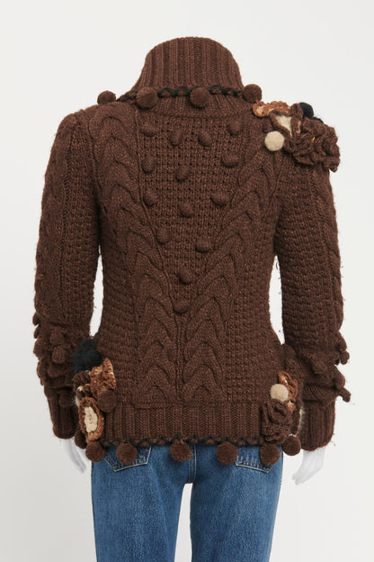Fall 2005 Brown Wool Knit Appliqué Flower Preowned Cardigan