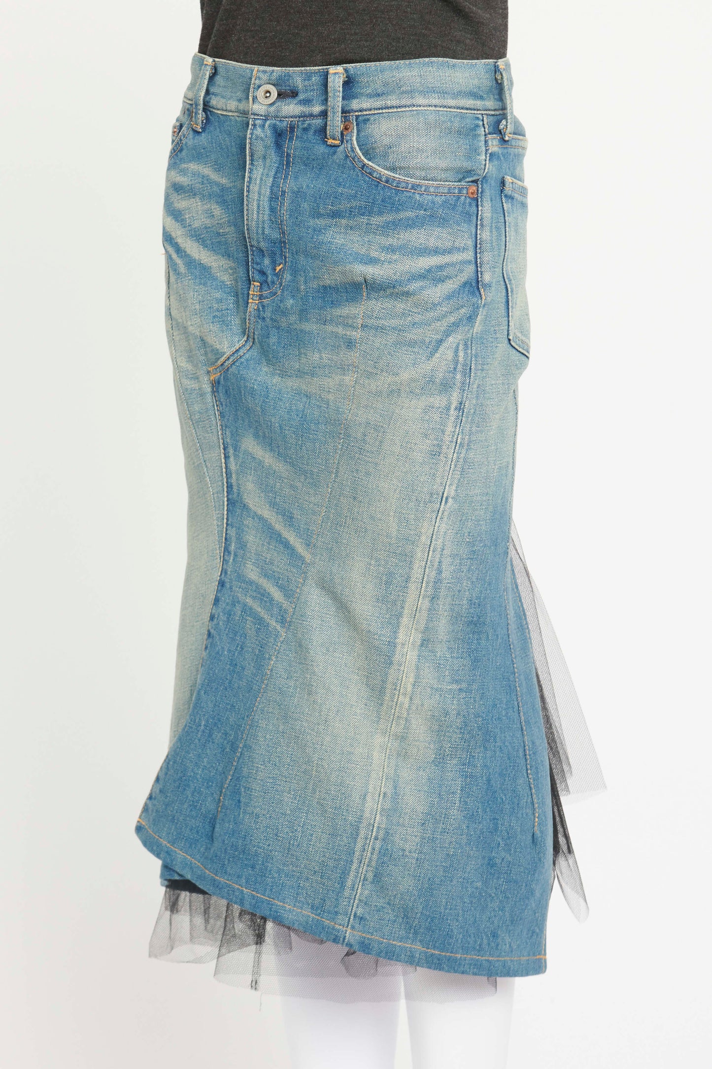 Blue Denim Tulle Midi Preowned Skirt