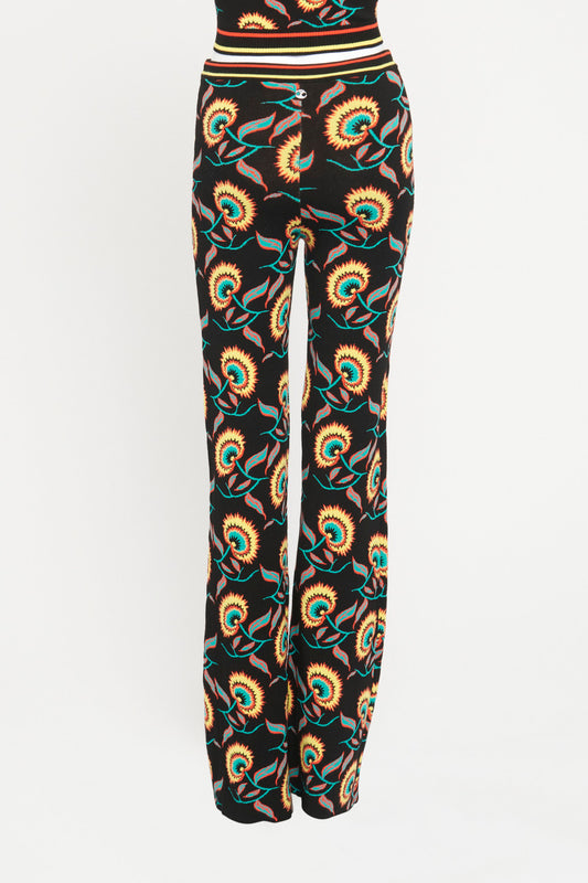 Black Knitted Floral Jacquard Preowned Flared Trousers