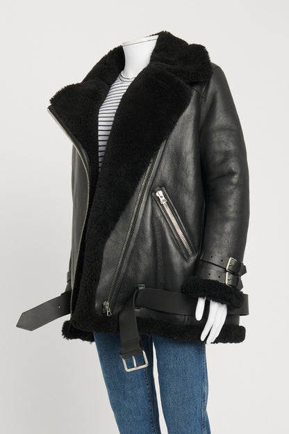 Black Leather-Trimmed Preowned Shearling Jacket