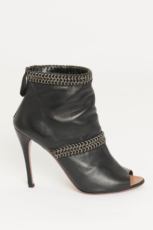 Black Leather Peep Toe Preowned Boots with Metal Rings