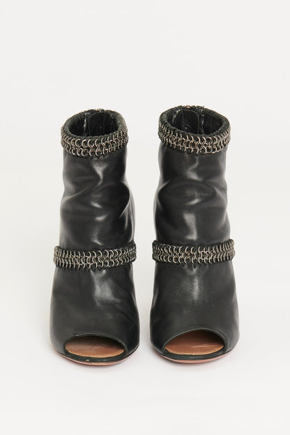 Black Leather Peep Toe Preowned Boots with Metal Rings